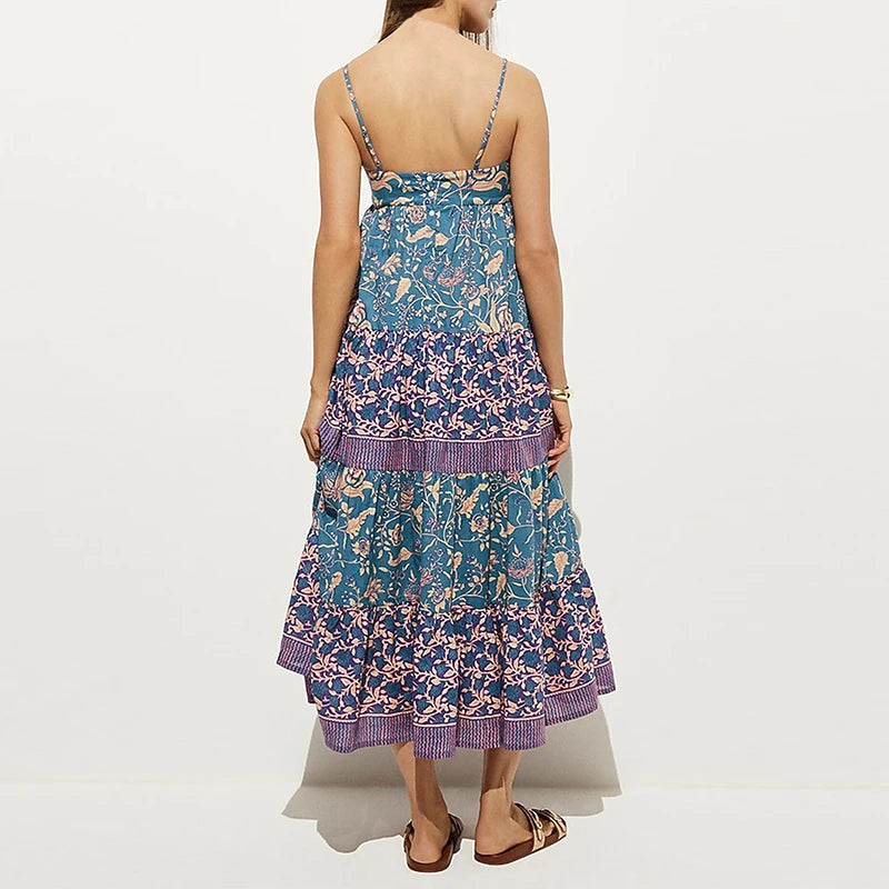 LIZAKOSHT  -  Vintage Backless Spaghetti Strap Dress Fashion Hight Waist Loose Party Dress Sexy Sleeveless Floral Printed Women's Long Dresses