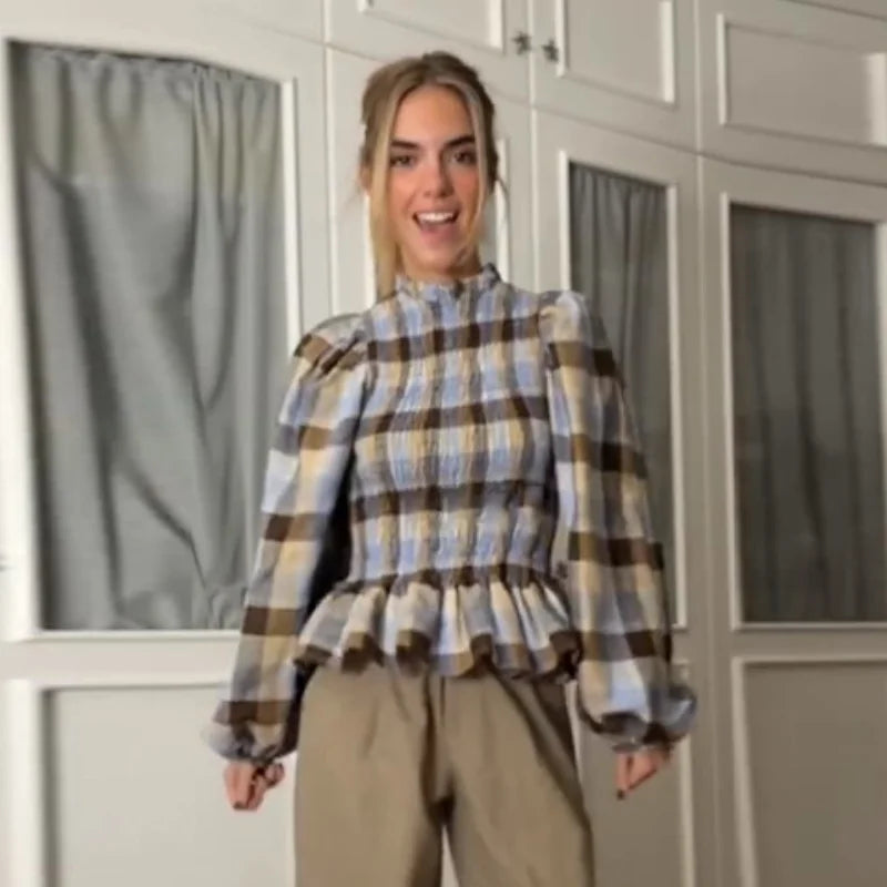 LIZAKOSHT  -  Elegant French Chic Blouse Shirt Pink Plaid Vintage Ruffles Long Lantern Sleeve Slim Casual Ladies Women Blouses Top Streetwear