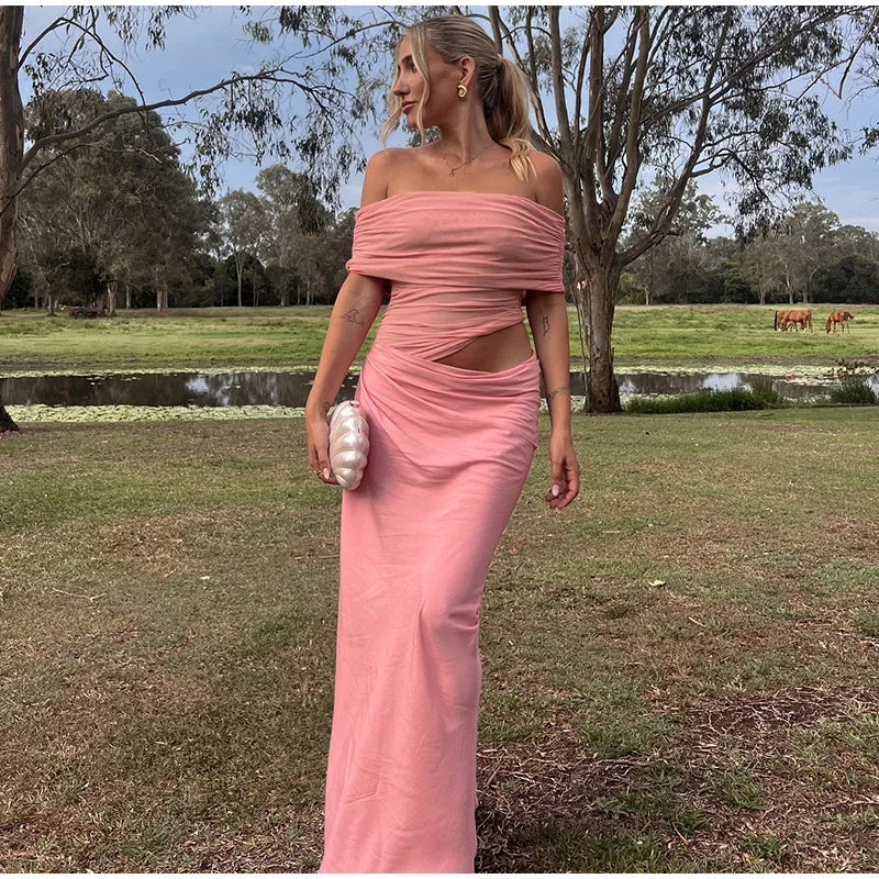 LIZAKOSHT  -  Elegant Sexy Long Dress Women Off Shoulder Hollow Out Sleeveless Patchwork Mesh Robe Female 2025 Spring Summer Chic Solid Robe