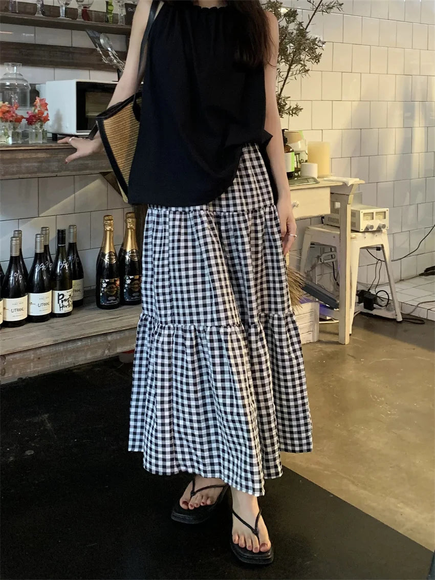 LIZAKOSHT  -  Hot Sale Summer Long Skirts Women Plaid Loose Chic New Summer All Match Fashion 2024 Mujer Slim Gentle Vacation