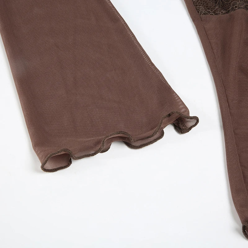 LIZAKOSHT  -  Y2K Lace Patchwork Mesh Long Sleeve Cardigan Tie Up Sexy Brown See Through Smock Top Vintage Stylish Streetwear 90s