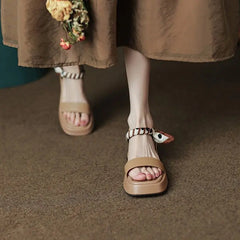 LIZAKOSHT  -  Footwear Wedge Platform Waterproof Summer One Word Sandals for Women Beige Ladies Shoes Office Work with Medium Heels Sale