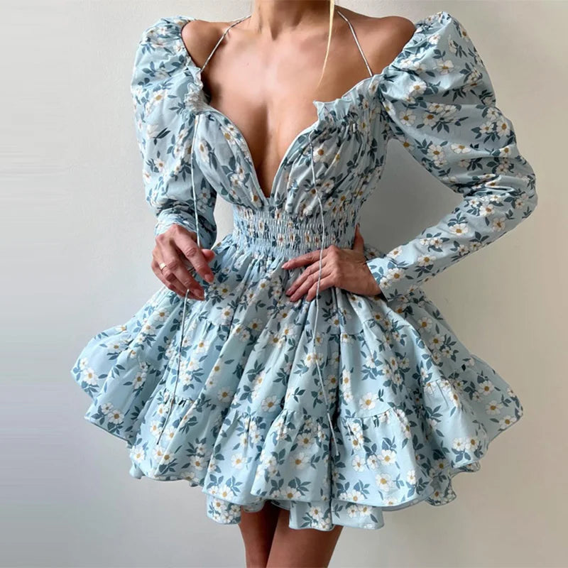 LIZAKOSHT  -  Floral Print Dress For Women Autumn Sexy Deep V Nekc Bandage Long Sleeve Short Dresses Lace Up Elegant Ruffle Dress 2025