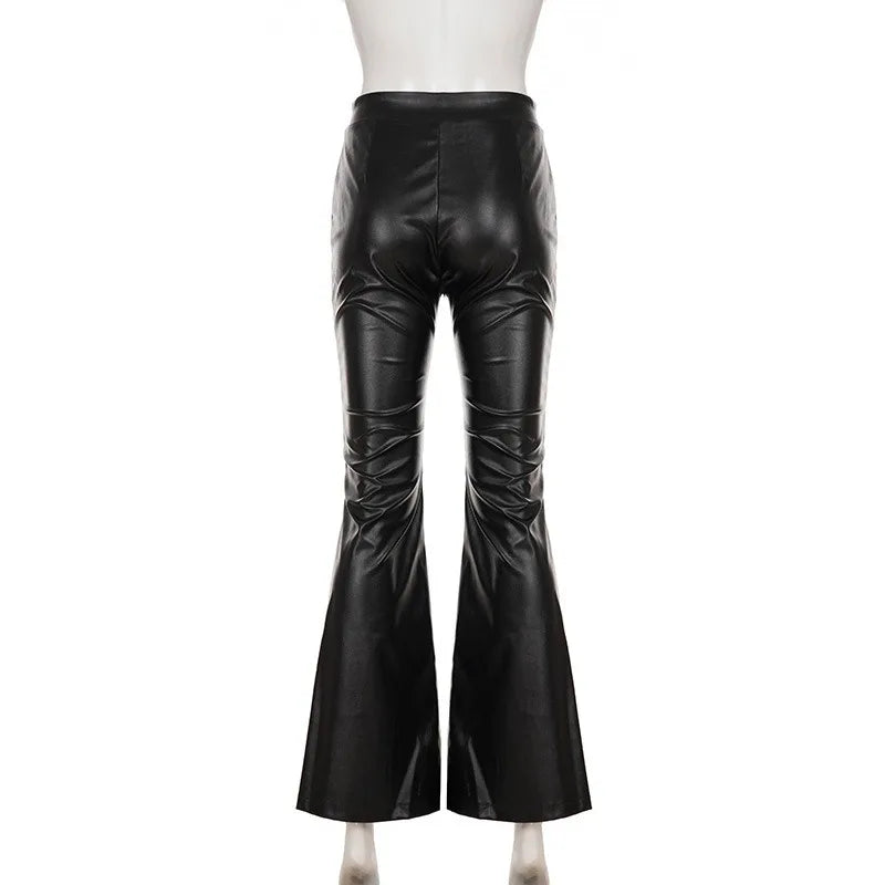 LIZAKOSHT  -  Women Fashion Black PU Leather Slim Flare Pants Zippers High Waist Peach Hips Stretch Boot Cut Skinny Trousers Casual Streetwear
