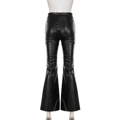 LIZAKOSHT  -  Women Fashion Black PU Leather Slim Flare Pants Zippers High Waist Peach Hips Stretch Boot Cut Skinny Trousers Casual Streetwear
