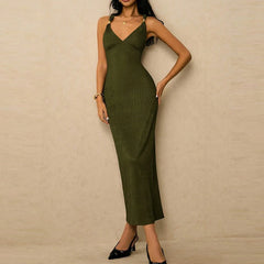 LIZAKOSHT  -  Elegant V-neck High Waist Skinny Dress Women Sexy Backless Sleeveless Long Dress Fashion Draped Hollow Out Slim Gowns Dress