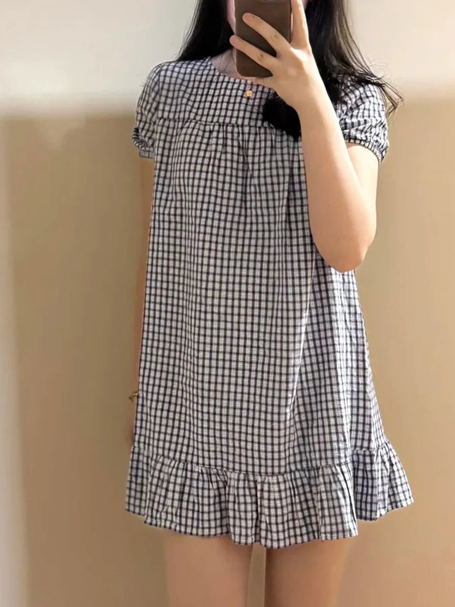 LIZAKOSHT  -   Solid Puff Sleeve Blair Dress Women Summer Chic Simple Ruffled Hem Cotton Loose Vestidos Sweet Cute Preppy Style Dresses New