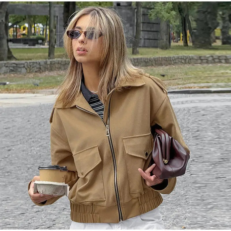 LIZAKOSHT  -  Casual Flip Collar Zipper Pocket Jacket Woman Solid Color Long Sleeves Loose Street Coats Chic Women's Warm Early Autumn Jackets