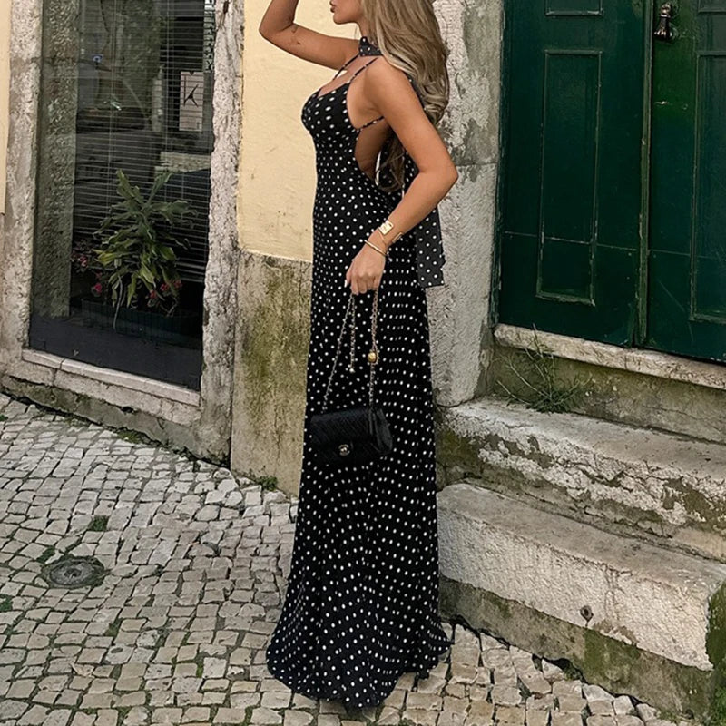 LIZAKOSHT  -  Temperament Vintage Polka Dot Print V-neck Open Back Sleeveless Long Dress With Ribbon Women's Vacation Party Vestidos