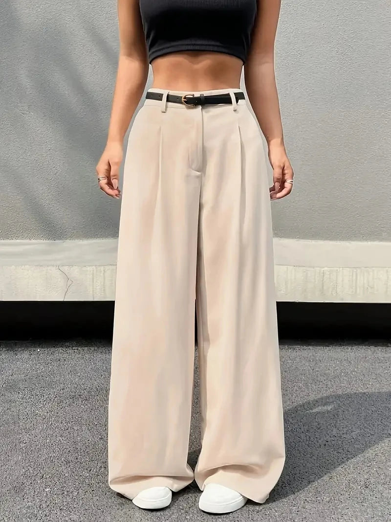 LIZAKOSHT  -  Plus Size Women's Beige High - Waisted Wide - Leg Trousers with Belt, Elegant & Casual Office - Ready Fashion