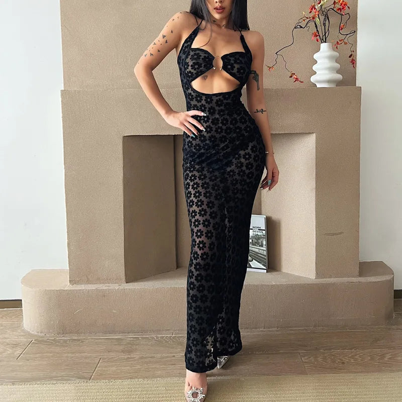 LIZAKOSHT  -  y2k Dress Women Summer Floral Print Hollow Out Spaghetti Strap Sleeveless Halter Neck Bodycon Dresses Party Dresses