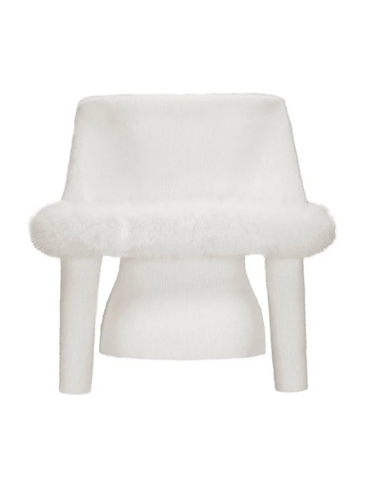 LIZAKOSHT  -  Knit Mini Skirts Pullover Sets Women Off Shoulder Long Sleeves Slim Patchwork Faux Fur Suits Female Chic New Solid Outfits