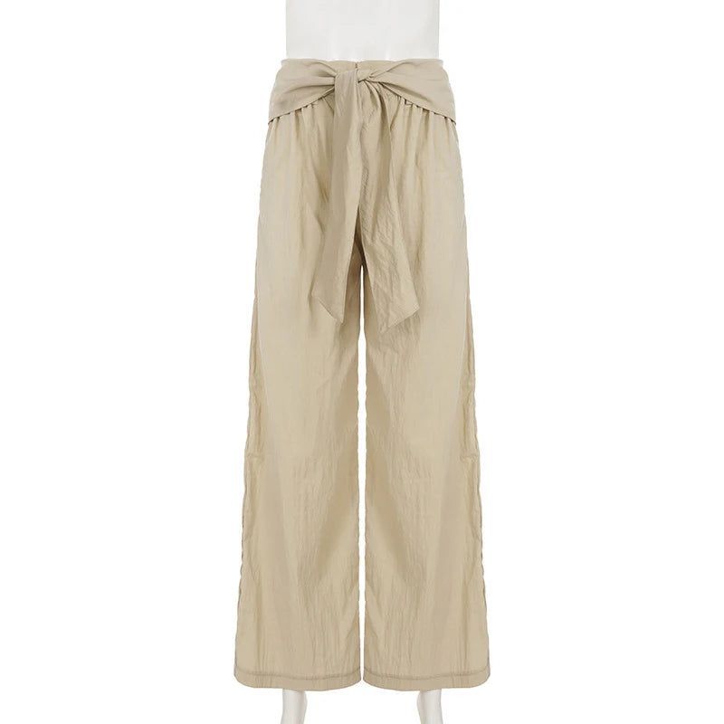 LIZAKOSHT  -  Female Harajuku Casual Style Simple High Waist Quick Drying Drop Folds Straight Leg Pants Versatile Strappy Design Trousers