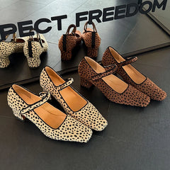 LIZAKOSHT  -  Fashion Pumps High Quality Square Head Shallow Mouth Thick Heel Leopard Pattern High Heels Mary Janes Women Heels Shoes
