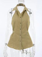 LIZAKOSHT  -  Women's Army Green Lapel Halter Sleeveless Button Front Shirt Elegant Waist Cinched Slim Casual Daily Blouse Streetwear Top