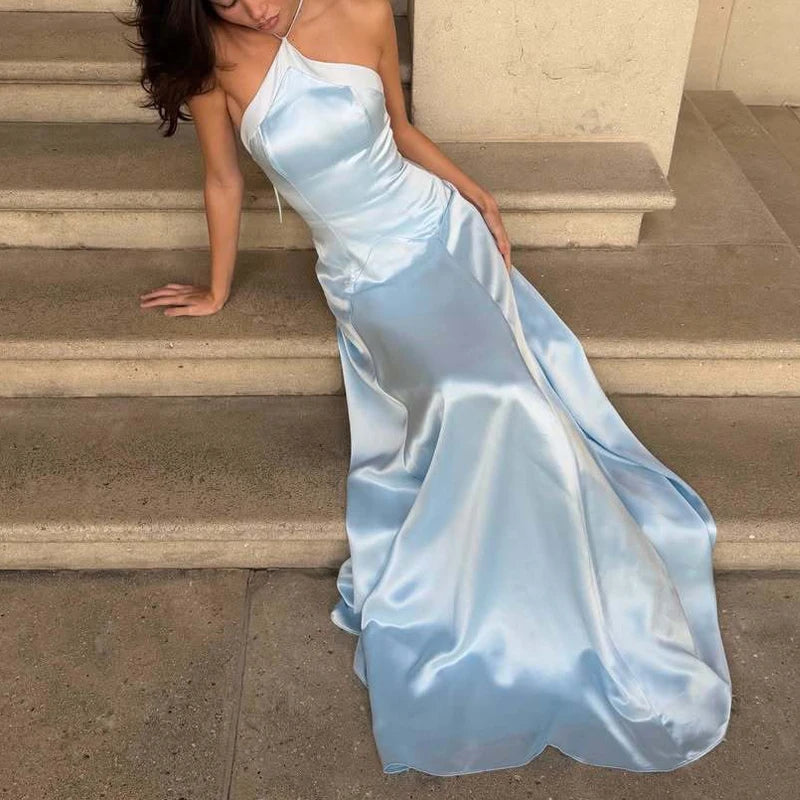 LIZAKOSHT  -  Elegant Sleeveless Waist Solid Satin Long Dress Sexy Backless Hollow Slim Party Dress Halter Neck Tie-Up Satin Women Gowns Dress