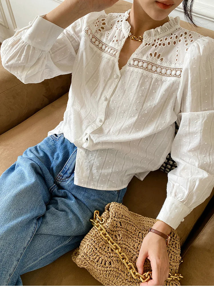 LIZAKOSHT  -  Ruffles Long Sleeve Ladies Tops White Blouses shirts Women Floral Embroidey Lace 100% Cotton Boho Casual Spring Summer Blouse