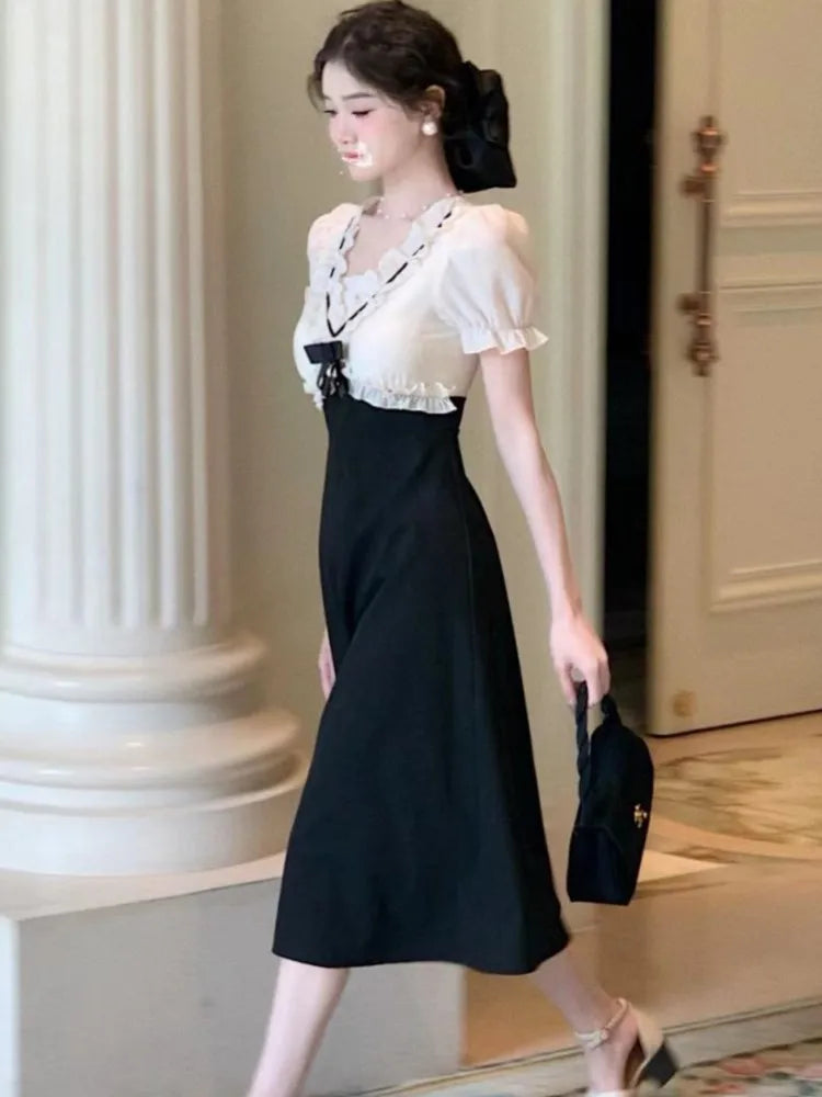 LIZAKOSHT  -  Women Elegant V-neck High Waist Patchwork Midi Dress Female Puff Sleeve Ruffle France Dress Female Holiday Beach Dress