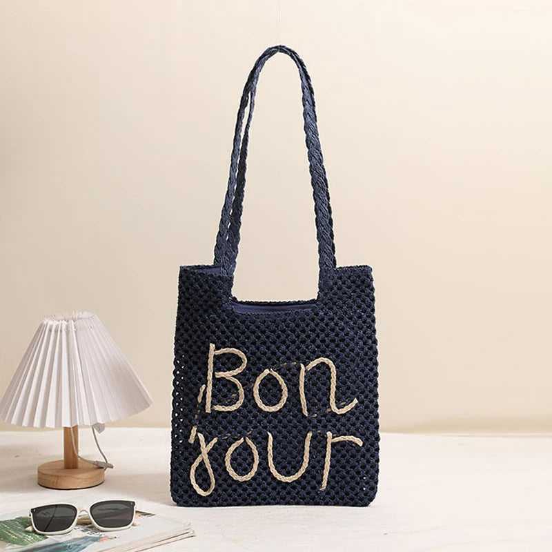 LIZAKOSHT  -  Women Fashion Letter Embroidered Shoulder Bag Hollow Grass Woven Beach Bags Vacation Handbag