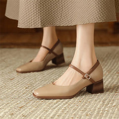 LIZAKOSHT New Genuine Leather Vintage Women Shoes Fashion Square Toe Pumps Chunky Heel Spring Shoes Women Zapatos De Mujer Mary Jane Shoes