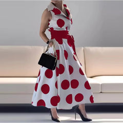 LIZAKOSHT  -  Fashion Polka Dot Lace-up Waist Long Dress Casual Sleeveless Pleated Party Dresses Office Elegant Lapel Collat Hem Shirts Dress
