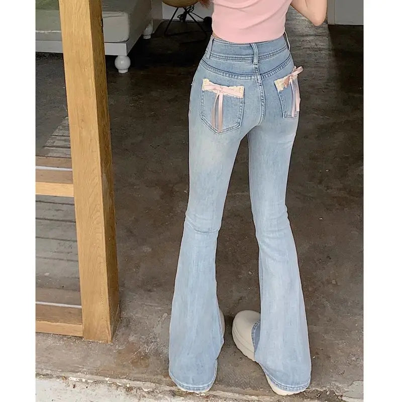 LIZAKOSHT  -  Bow Flare Jeans Women Blue Slim Fit Streetwear Vintage 90s Y2k Streetwear High Waist Straight Denim Trouser Korean Tight Pants