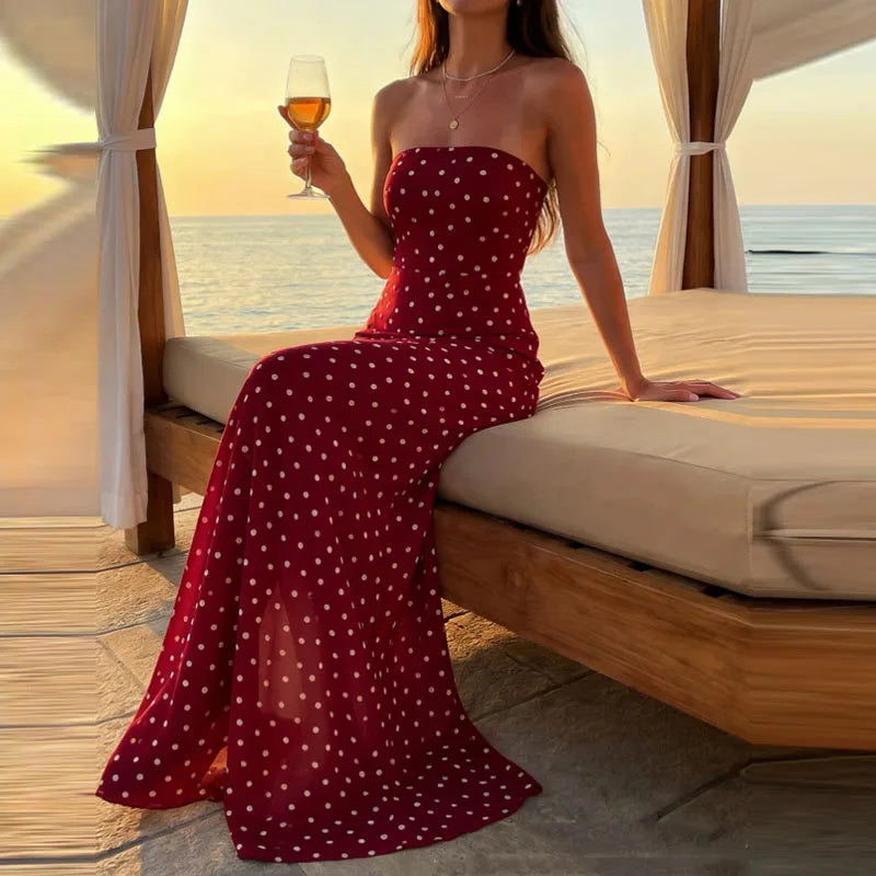 LIZAKOSHT  -  Fashion Polka Dot Strapless Slim Beach Dress Sexy Sleeveless Backless Women Long Dress Elegant Temperament Waist Vacation Dress