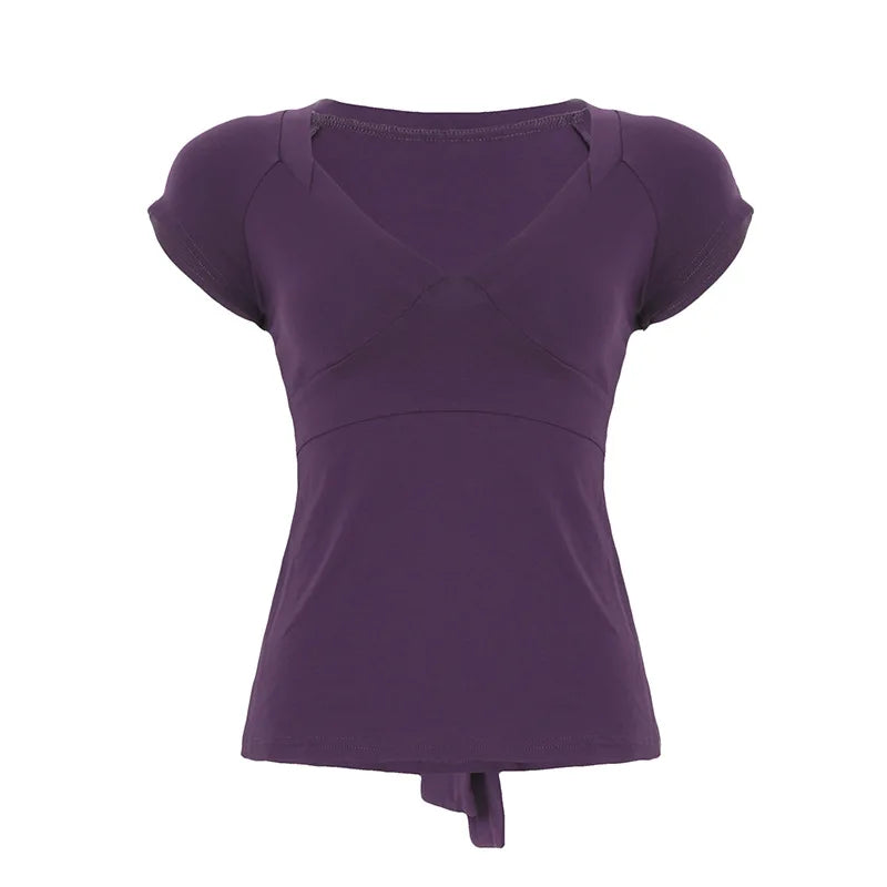 LIZAKOSHT  -  Bow Tie V Neck Short Sleeve T Shirts Women Clothing Summer Girls Tops