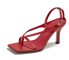 LIZAKOSHT  -  Women Genuine Leather Sandals Thin Heel Sandals High Heels Buckle Square Toe Ladies Footwear Summer Beige Black Red 39