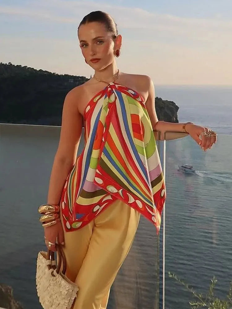 LIZAKOSHT  -  Irregular Printed Strapless Women's Vest Skirts 2 Piece Set Backless Sexy Halter Suspender Hot Girls Style Beach Vacation Suits