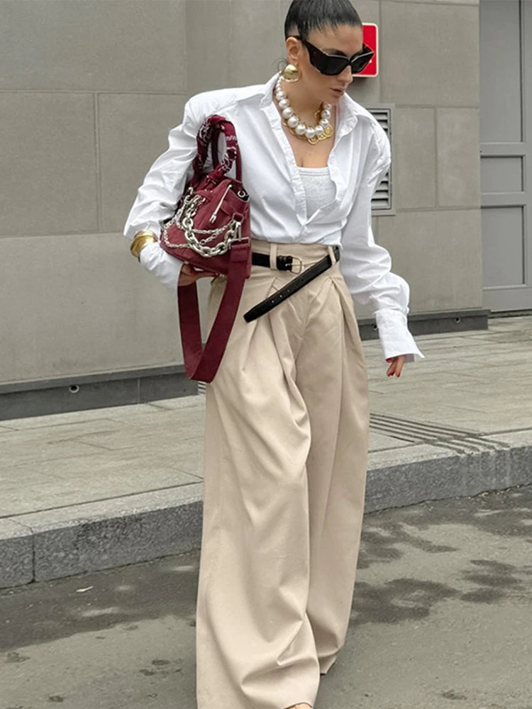 LIZAKOSHT  -  Casual Khaki Pleated Wide Legs Pants Women Chic High Waist Baggy Trousers Female 2025 Spring Summer New Fashion Office Pant