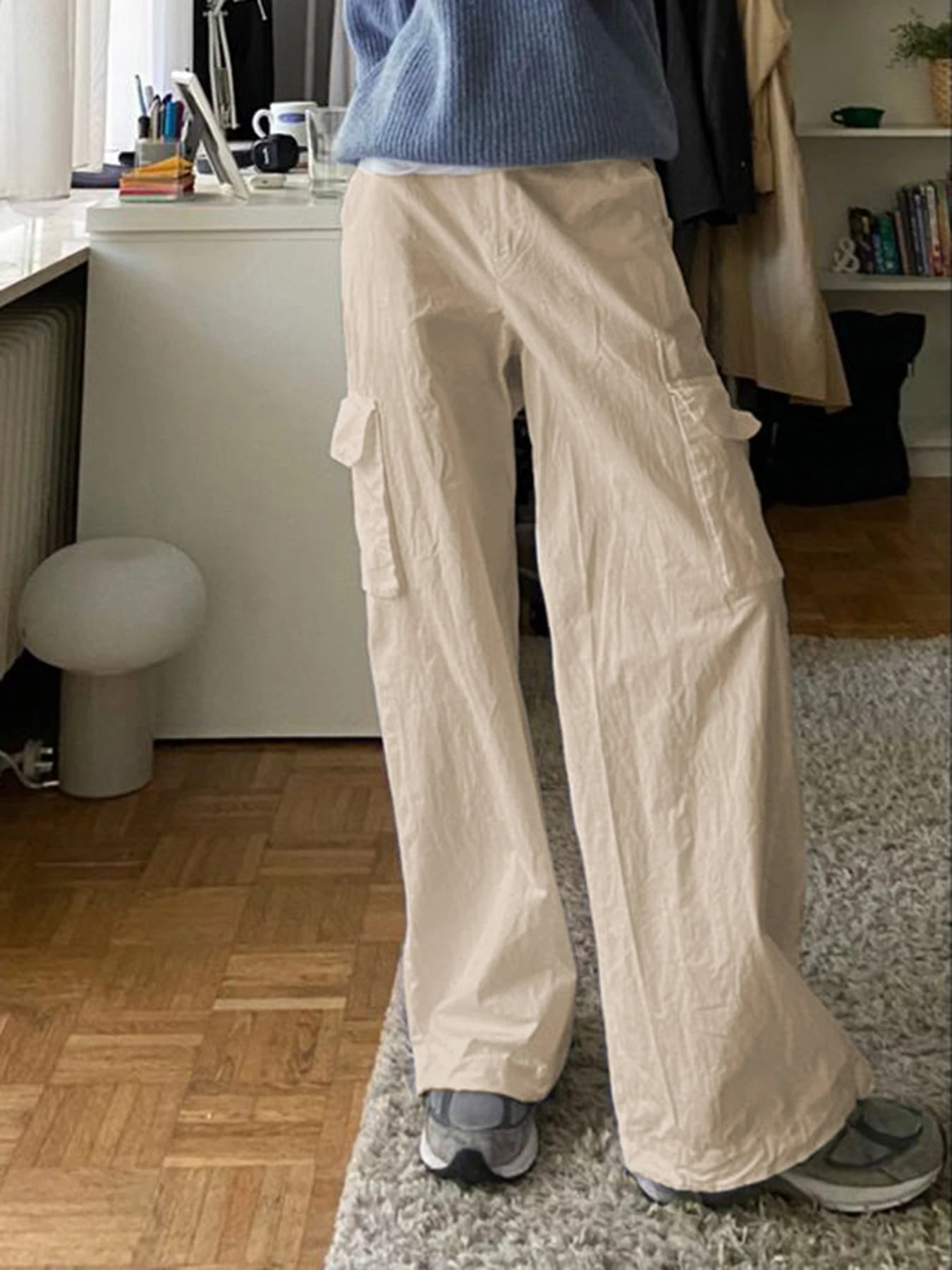 LIZAKOSHT  -  Casual Basic Solid Big Pockets Wide Leg Pants Loose Bandage Low-Waisted Straight Pants Women Autumn Spring Fashion