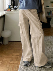 LIZAKOSHT  -  Casual Basic Solid Big Pockets Wide Leg Pants Loose Bandage Low-Waisted Straight Pants Women Autumn Spring Fashion