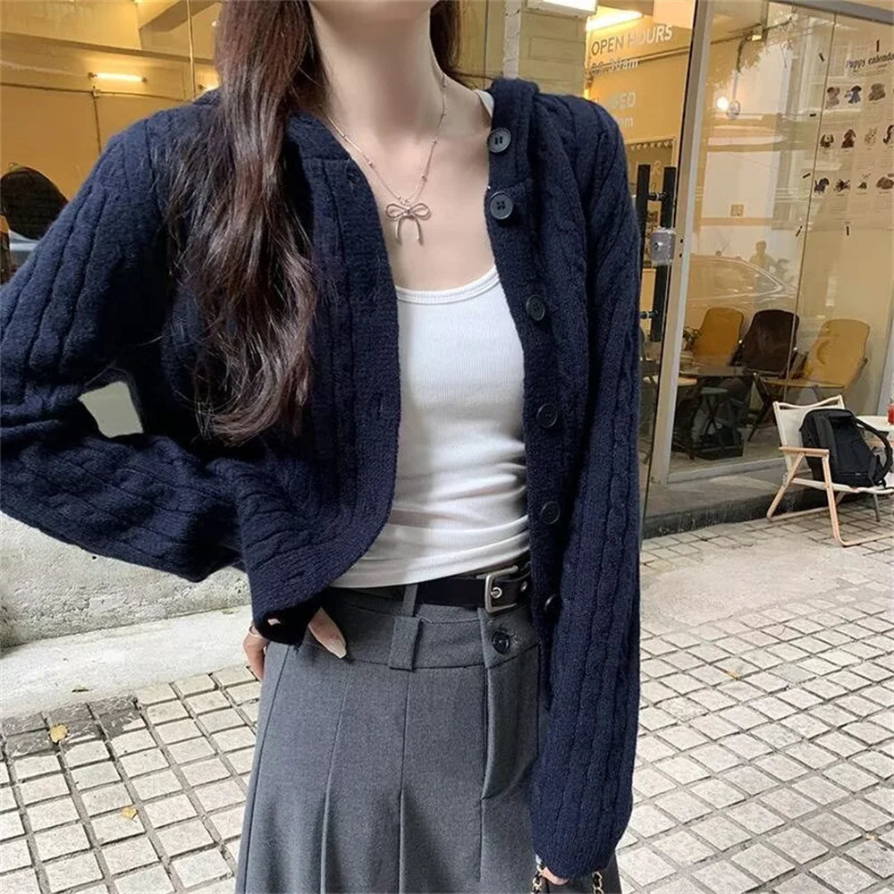 LIZAKOSHT  -  Gray Twist Knitted Cardigan Jacket Women Autumn New Vintage All-Match Hooded Sweater Coat Fashion Single Breasted Hoodies Woman