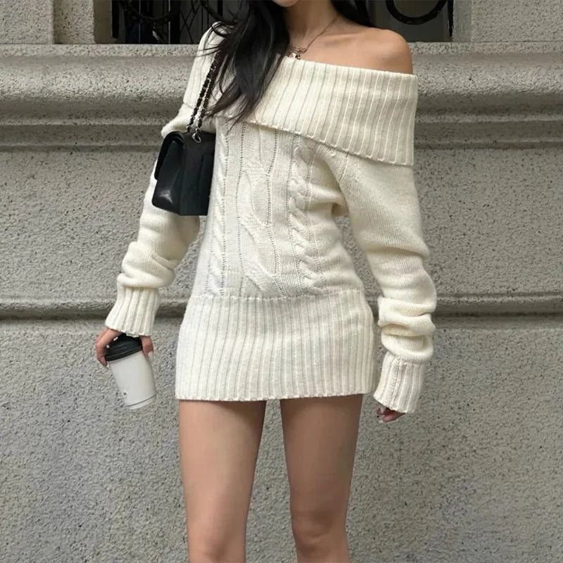  LIZAKOSHT  -  Women Off Shoulder Foldover Collar Cable Knit Sweater Dress Long Sleeve Slim Bodycon Mini Dress Fall Winter Knitted Party Dress