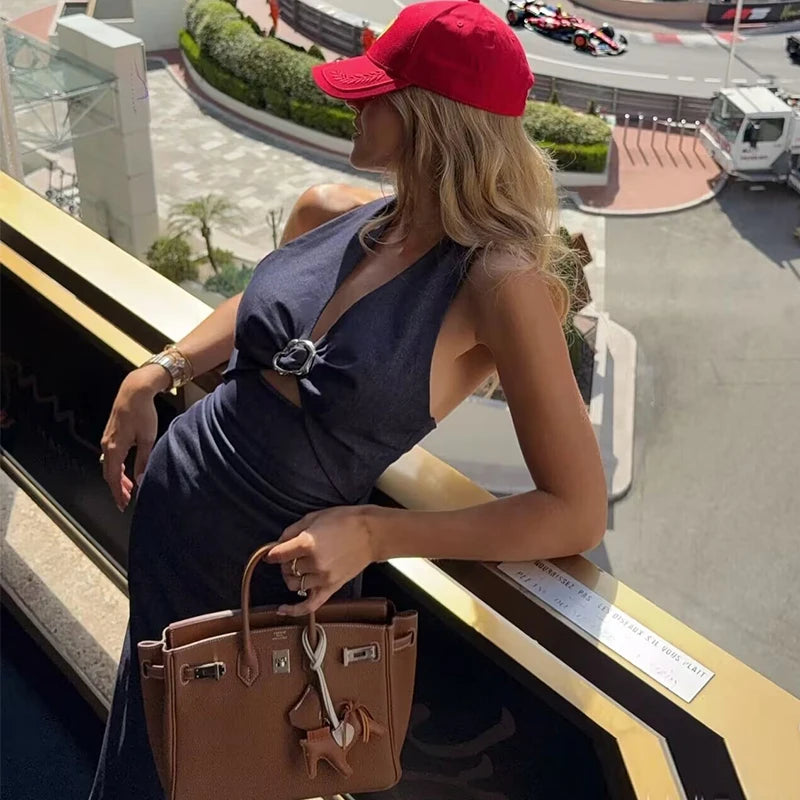 LIZAKOSHT  -  Denim Dress Summer 2025 New Fashion Slim V-neck Hanging Neck Elegant Long Dress Women Street Holiday Chic Youth Party Dress