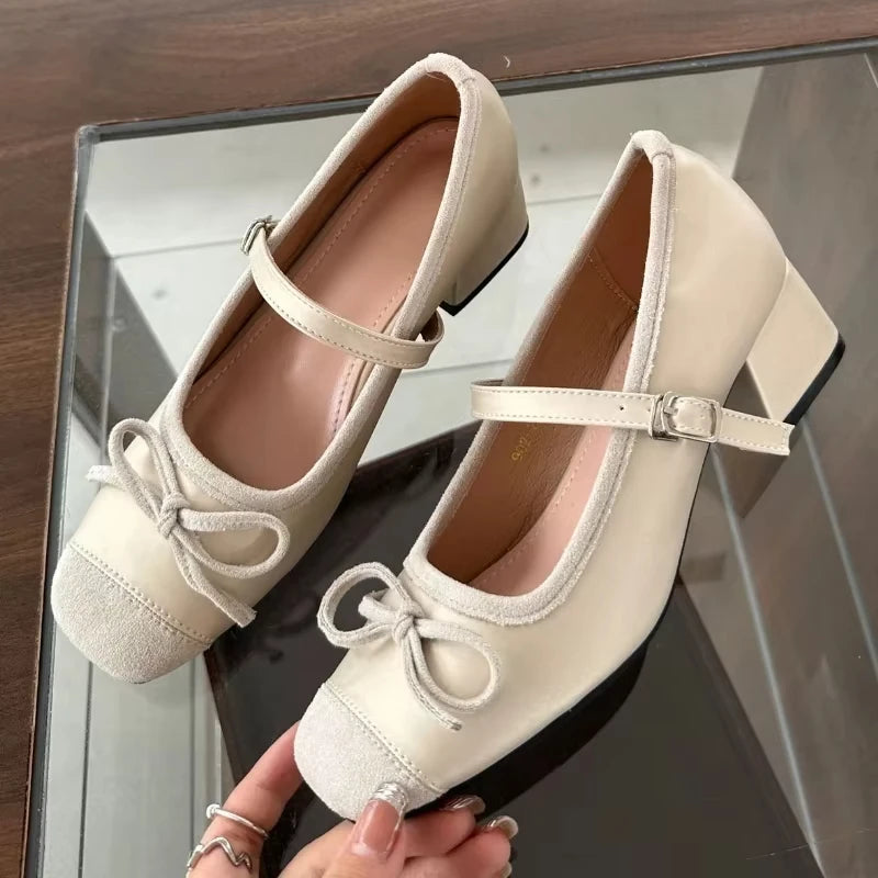 LIZAKOSHT  -  New Designer Mary Jane Shoes Women Sweet Bow Retro High Heels Dress Shoes Elegant Fashion Square Toe Ballet Shoes Pumps Female