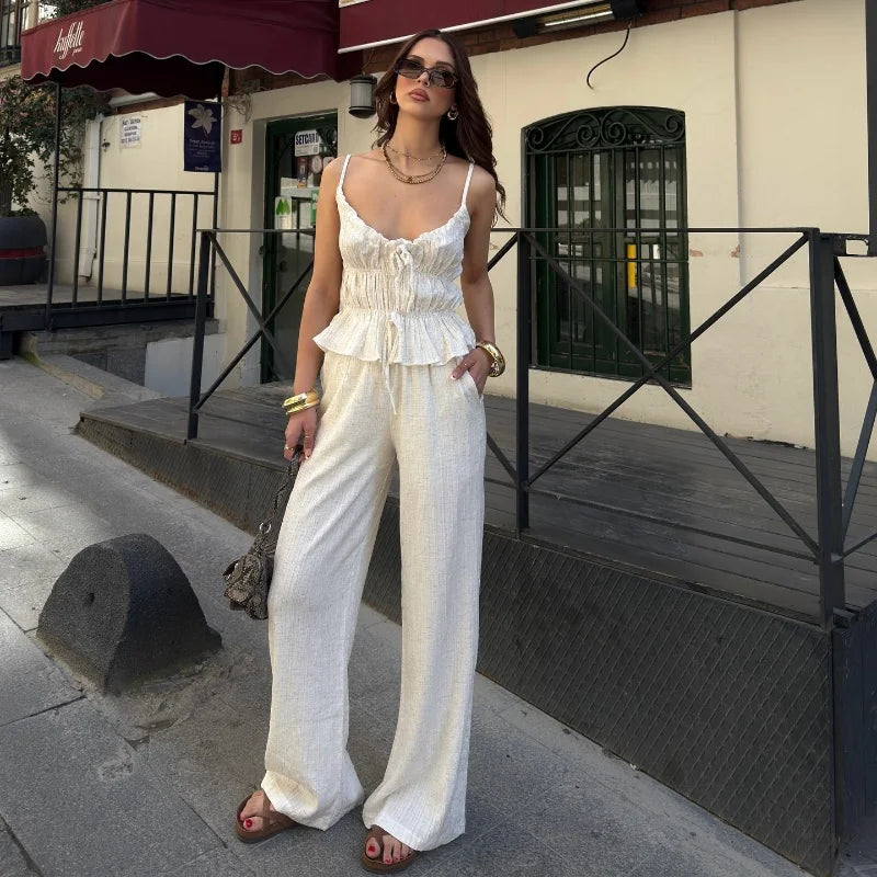 LIZAKOSHT  -  Solid Color Ruched Bandage V-neck Spaghetti Strap Tops and Wide Leg Long Pant Y2K Summer Casual New Women 2 Piece Sets