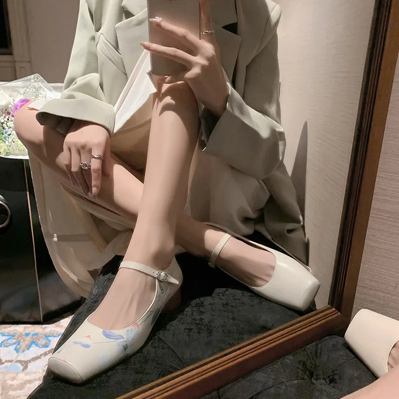LIZAKOSHT  -  Fashion Pumps New High Quality Genuine Leather Square Head Color Painting Mary Janes Shoes Daily Commuter Light Shoes