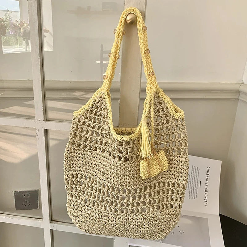 LIZAKOSHT  -  Eco-friendly Handmade Women Designer Straw Mesh Shoulder Bag Beach Holiday Dress Beach Shopping Bags