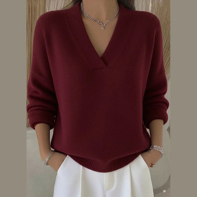 LIZAKOSHT  -  Deep V Neck Knit Sweater Women Long Sleeve Cuff Hem Ribbed Fuzzy Solid Casual Pullover Jumper Autumn Fashion Casual Tops