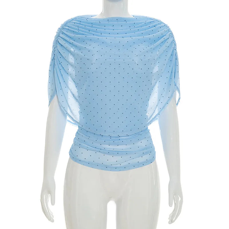 LIZAKOSHT  -  Women's Summer Polka Dot Print Shawl Tops High Street Ladies Fashion Sexy Folds Slim T-shirt Holiday Party Tee Shirts