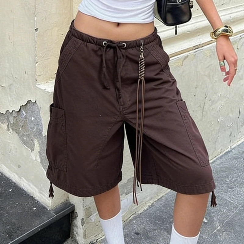 LIZAKOSHT  -  American Retro Cargo Bermuda Shorts Loose Knee Length Denim Shorts with Drawstring Y2K Aesthetic Grunge Women Jorts