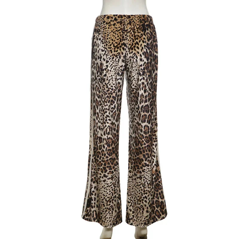 LIZAKOSHT  -  Striped Leopard Print Velvet Wide Leg Pants Fall Winter Women Elastic High Waist Loose Casual Trousers Streetwear Bottoms