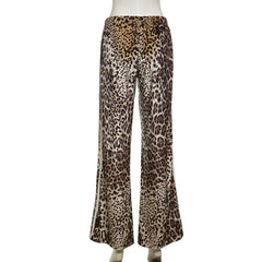 LIZAKOSHT  -  Striped Leopard Print Velvet Wide Leg Pants Fall Winter Women Elastic High Waist Loose Casual Trousers Streetwear Bottoms
