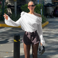 LIZAKOSHT  -  Sexy Elegant Irregular Oblique-neck Rose Flower Applique T Shirt Summer Off Shoulder Long Sleeve Crop Tops Street Mesh Tees