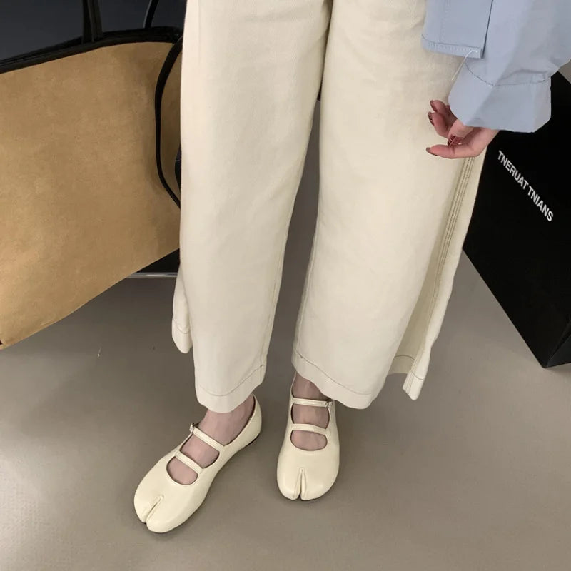 LIZAKOSHT  -  Spring New Tabi Ninja Shoes Women Round Spilt Toe Shallow Buckle Ballet Shoes Fashion Eelgant Low Heels Mary Jane Single Shoes
