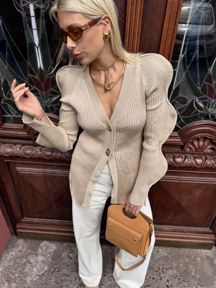 LIZAKOSHT  -  V-Neck Shoulder Pad Knit Jacket Woman Wavy Edge Sleeves Single Breasted Solid Color Slim Tops Versatile Causal Women's New Tops