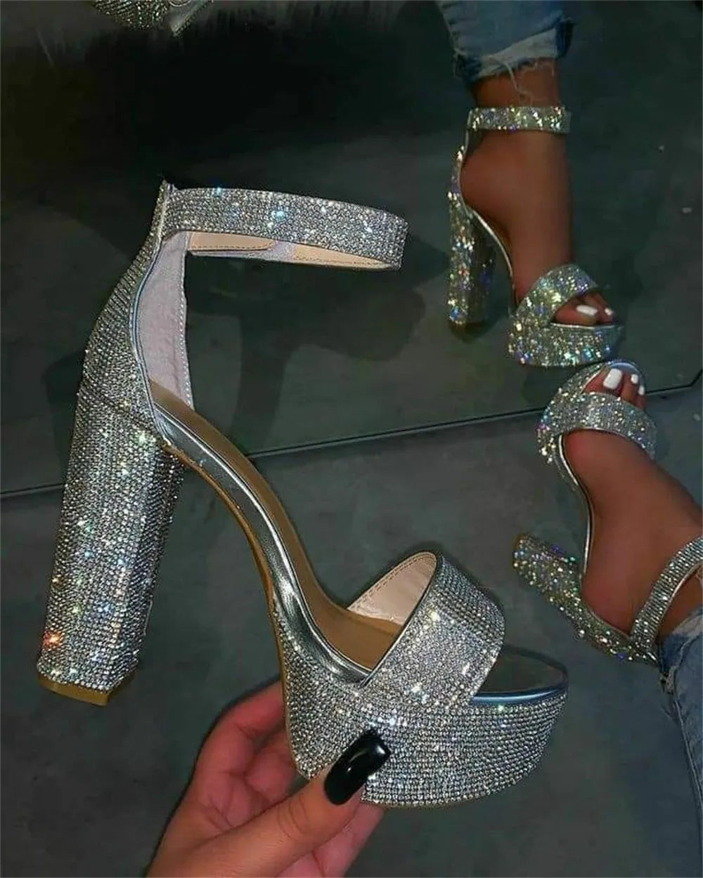 LIZAKOSHT  -  Big Size 42 Sexy Crystals High Heels Sandals Women Bling Rhinestones Summer Ankle Strap Wedding Shoes Platform Party Sandal