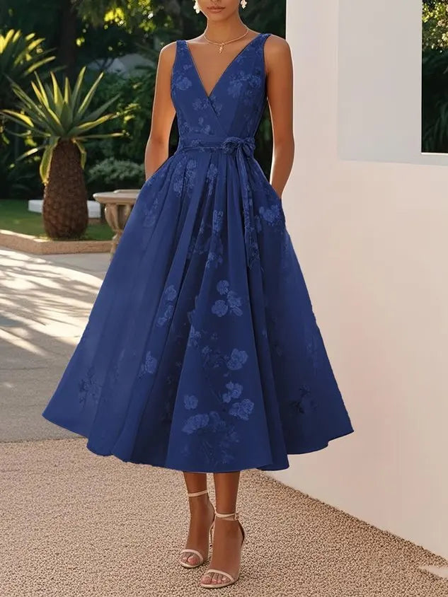 LIZAKOSHT  -  Sexy V-neck Halter Evening Dress Women Fashion Hight Waist Solid Lace A-Line Dress Elegant Sleeveless Slim Long Dress